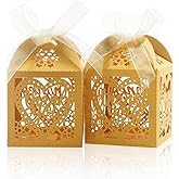 COTOPHER Laser Cut Boxes, 100pcs Thank You Gift Boxes Wedding Party Favor Boxes Lace Candy Boxes for Wedding Bridal Shower Baby Shower Birthday Party Decorations with Ribbons (2x2x2.75inch, Gold, 100)