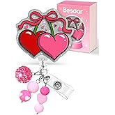 Besoar Valentine Badge Reel Holder Clip - Cute Heart Pink Cherries Retractable ID Name Card Badge Reel with Charm Alligator Clip, Office Nurse Nursing Medical Worker Student Accessories Gifts