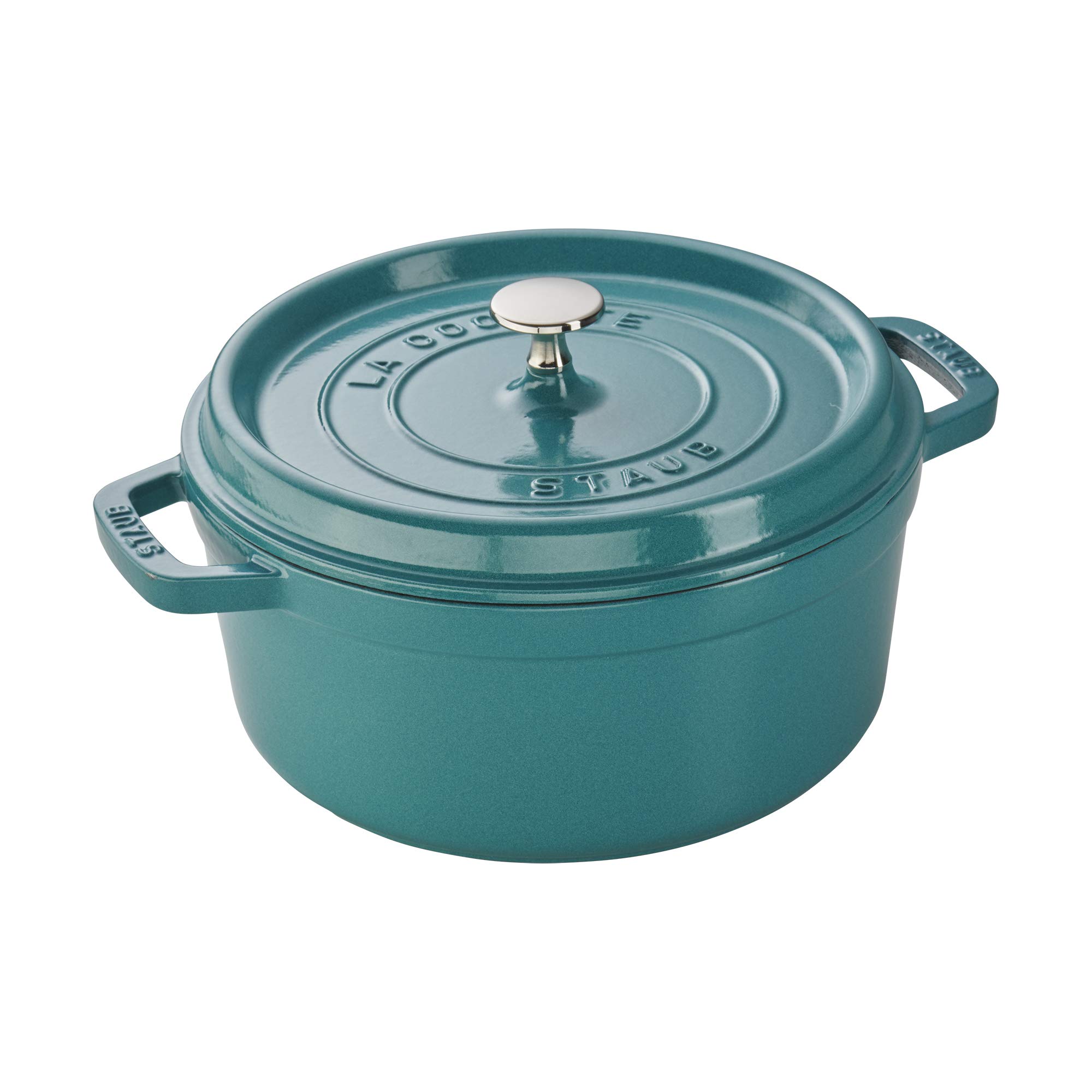 Photo 1 of **MINOR DAMAGE - USED**
STAUB Cast Iron Round Cocotte, Dutch Oven, 4-quart, serves 3-4, Made in France, Turquoise