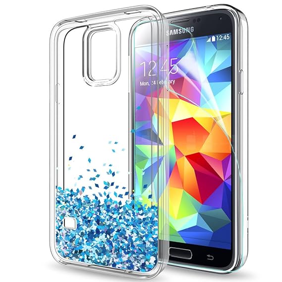 LeYi Hülle Galaxy S5 Glitzer Handyhülle mit HD Folie Schutzfolie,Cover TPU Bumper Silikon Flüssigkeit Treibsand Clear Schutzh