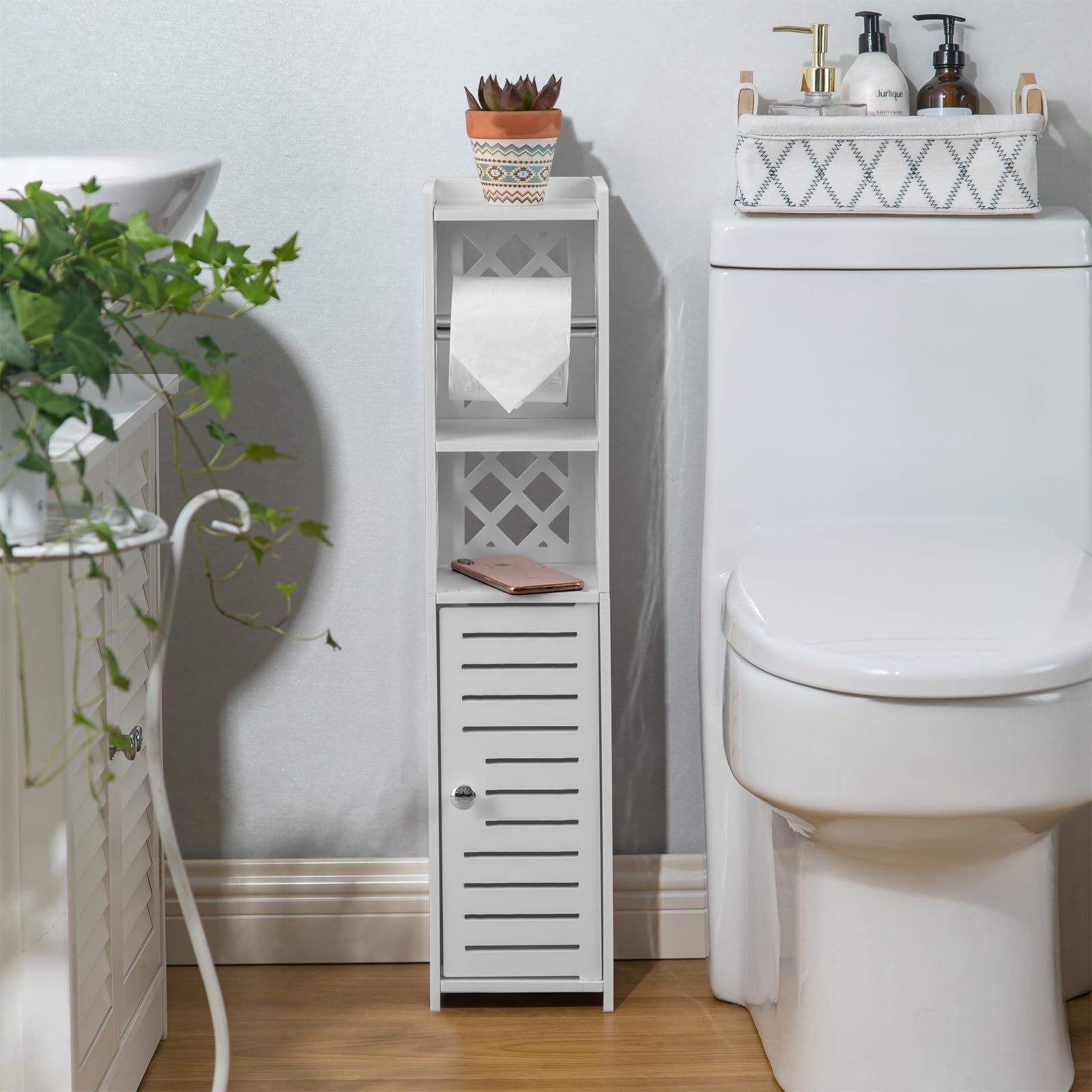 Photo 1 of H HUIYKALY Toilet Paper Storage: Toilet Paper Holder Stand with Roller for Small Space,White