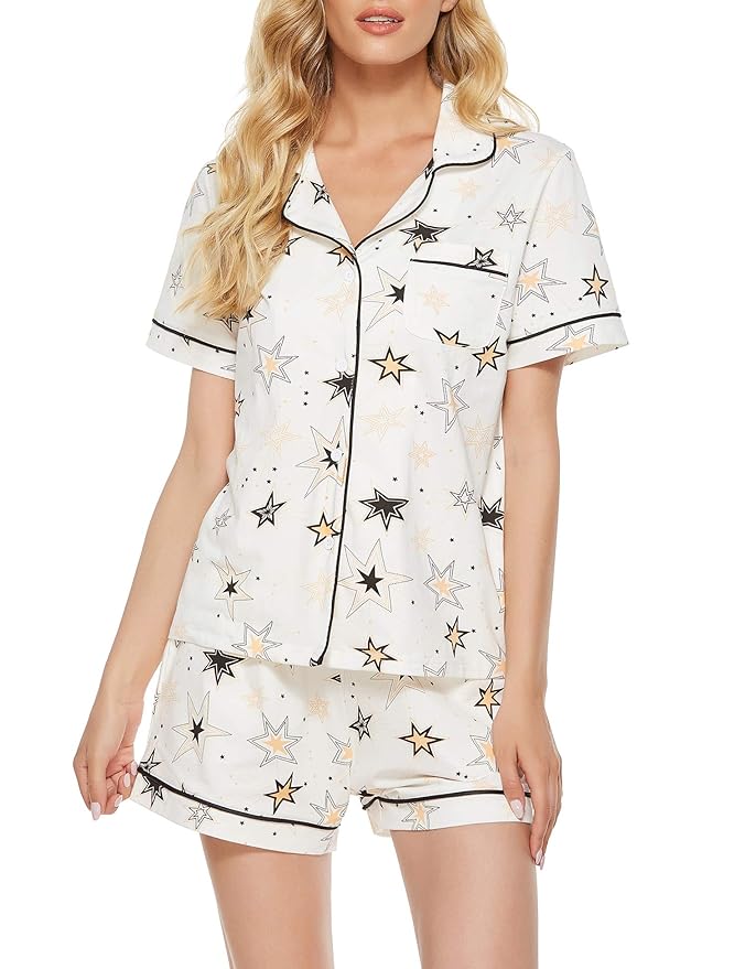 Buy Women's Short Sleeve Pajamas Set Button Down Top and Shorts with Pockets Printed Sleepwear
