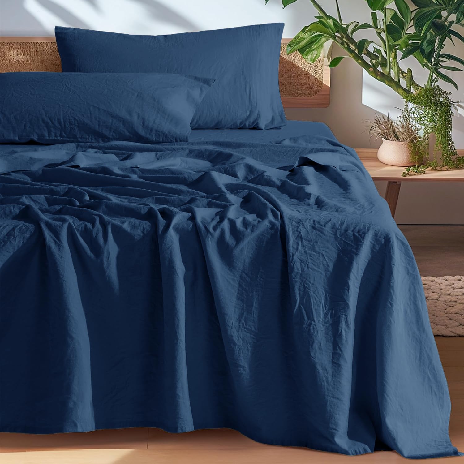 Photo 1 of SONORO KATE 100% French Pure Linen Sheets, Breathable and Durable Line Queen Size Sheets, Anti-Tear Line Bed Sheets, Machine Washable, 16 Inch Deep Pocket - 4 Piece (Navy Blue, Queen)
