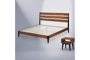 A ACACIA FURNITURE Acacia Emery Wooden Platform Bed Frame with Nightstand Set, Solid Wood Bed Frame Headboard + Bedroom Side Table Ready Assemble, Queen, Americano