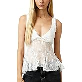 Miqil Women Sexy Semi Sheer Lace Top Cute Ruffle Hem Backless Deep V Neck Peplum Tank Top Summer Beachy Going Out Camisole