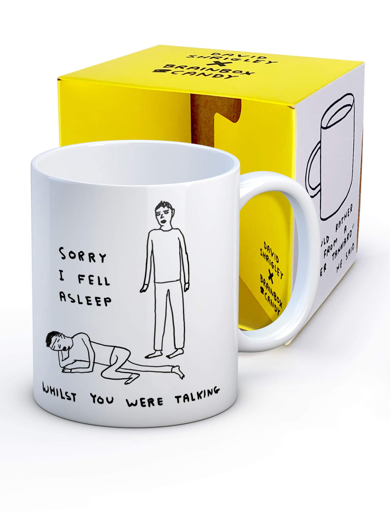 Brainbox Candy Official David Shrigley - Funny Coffee Mug - Gift Boxed Novelty Christmas Or Birthday Gift for Men and Women - Fell Asleep Talking Art Design Sold Exclusively