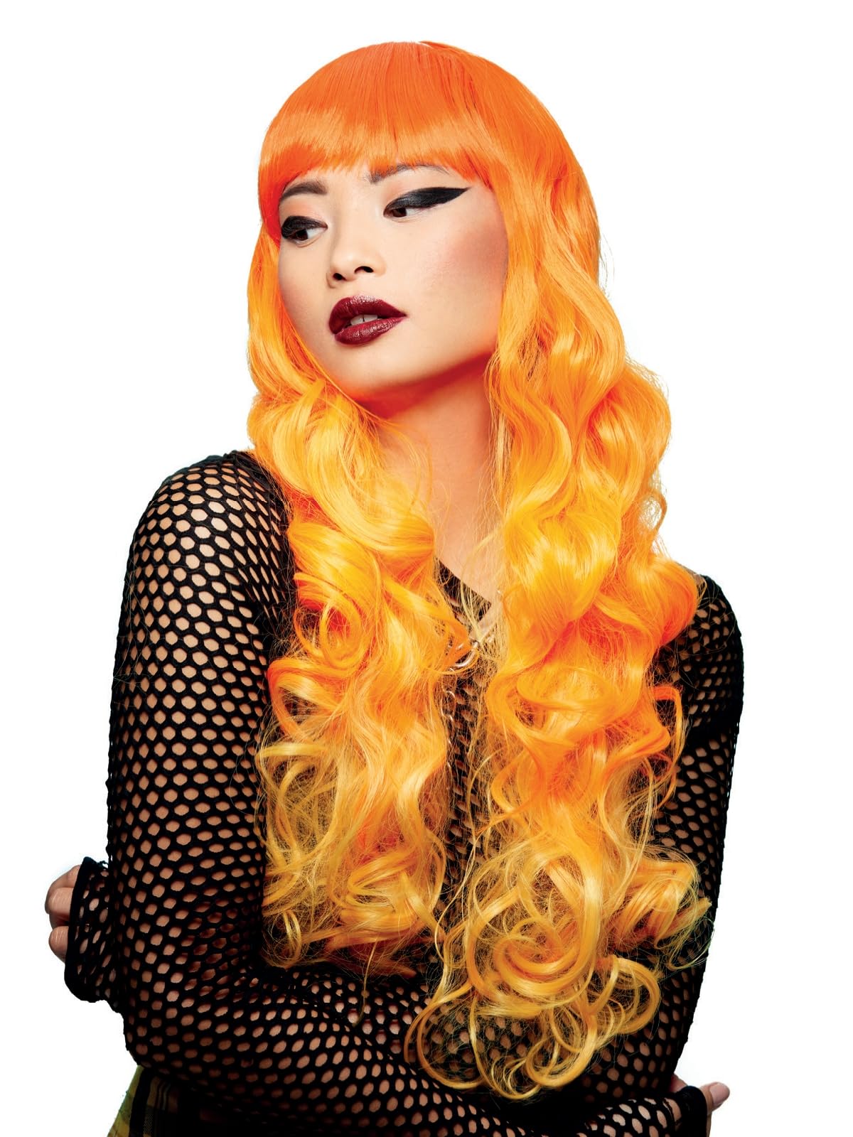 Smiffys Official Manic Panic® Psychedelic Sunrise™ Siren™ Wig, Long Curled Ends Wig, Heat Styleable with Adjustable Cap in Orange Ombre Colours. Flowing Curls for an iconic fashion statement