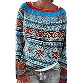Zhyaj Fair Isle Sweater for Womens Winter Long Sleeve Vintage Knitted Sweater Casual Fall Crew Neck Pullover Sweaters