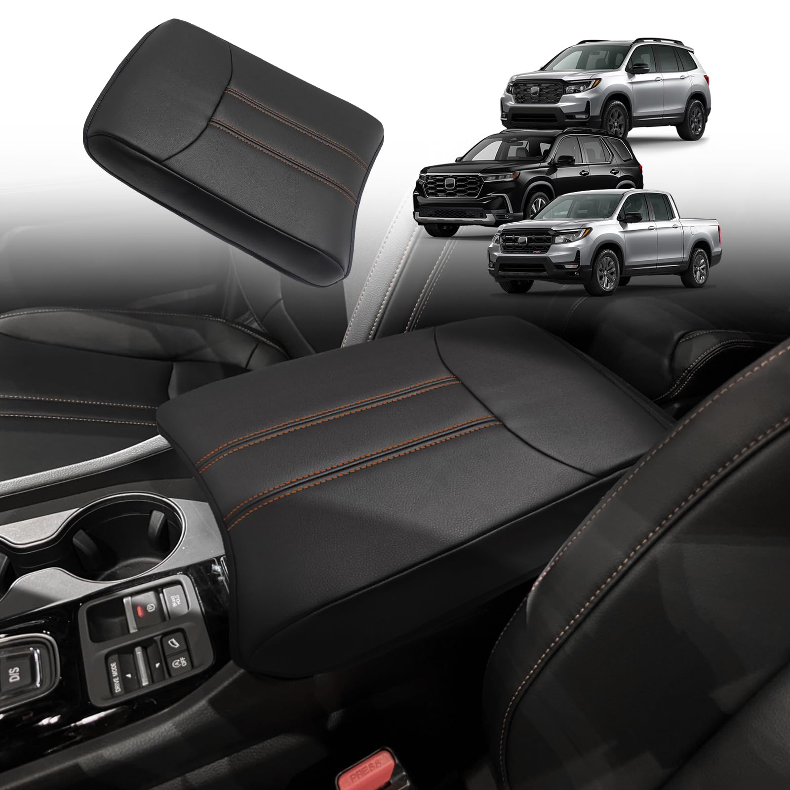 Photo 1 of Muslogy Center Console Armrest Cover Fit for Honda Pilot 2023-2026, 2024-2026 Ridgeline/Passport Accessories, Comfort Armrest Pad Console Lid Cushion Vegan Leather Regular Thick(Black/Orange Trim)