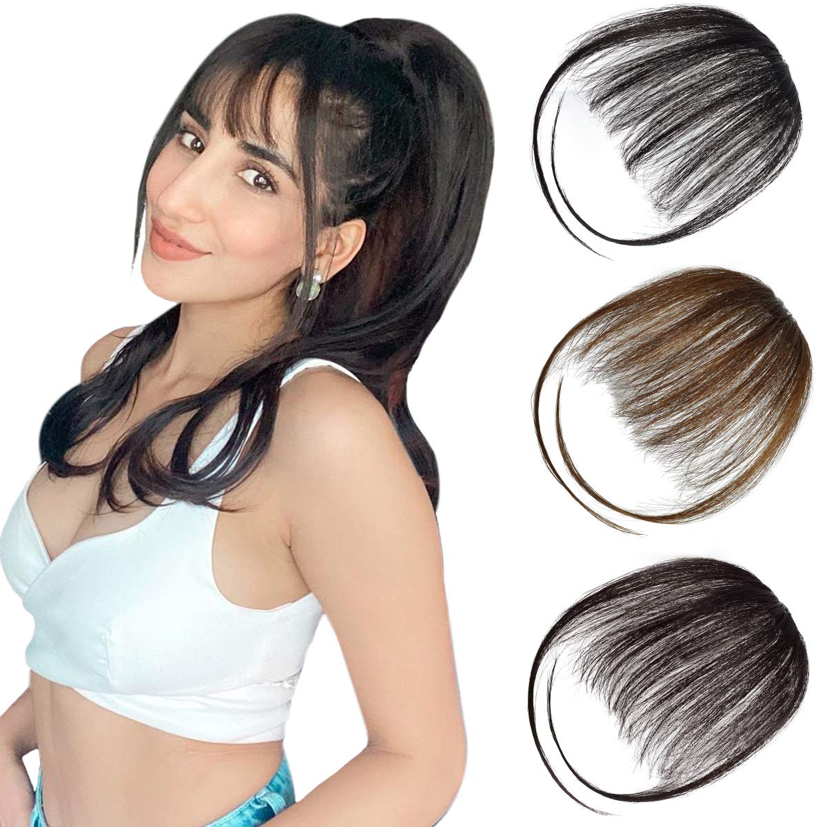EMERLILY Air Bangs Hair Clip in Bangs Hair Extensions Flat Front Face Wispy Fringe Bangs with Temples Human Hair Pieces for Women