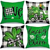 GEEORY St. Patrick's Day Pillow Covers 18 x 18 Inch Set of 4, Green Love Lucky Charm Buffalo Plaid Truck Shamrocks Farmhouse Throw Pillowcases for Home Sofa Couch Cushion Decoration G426-18