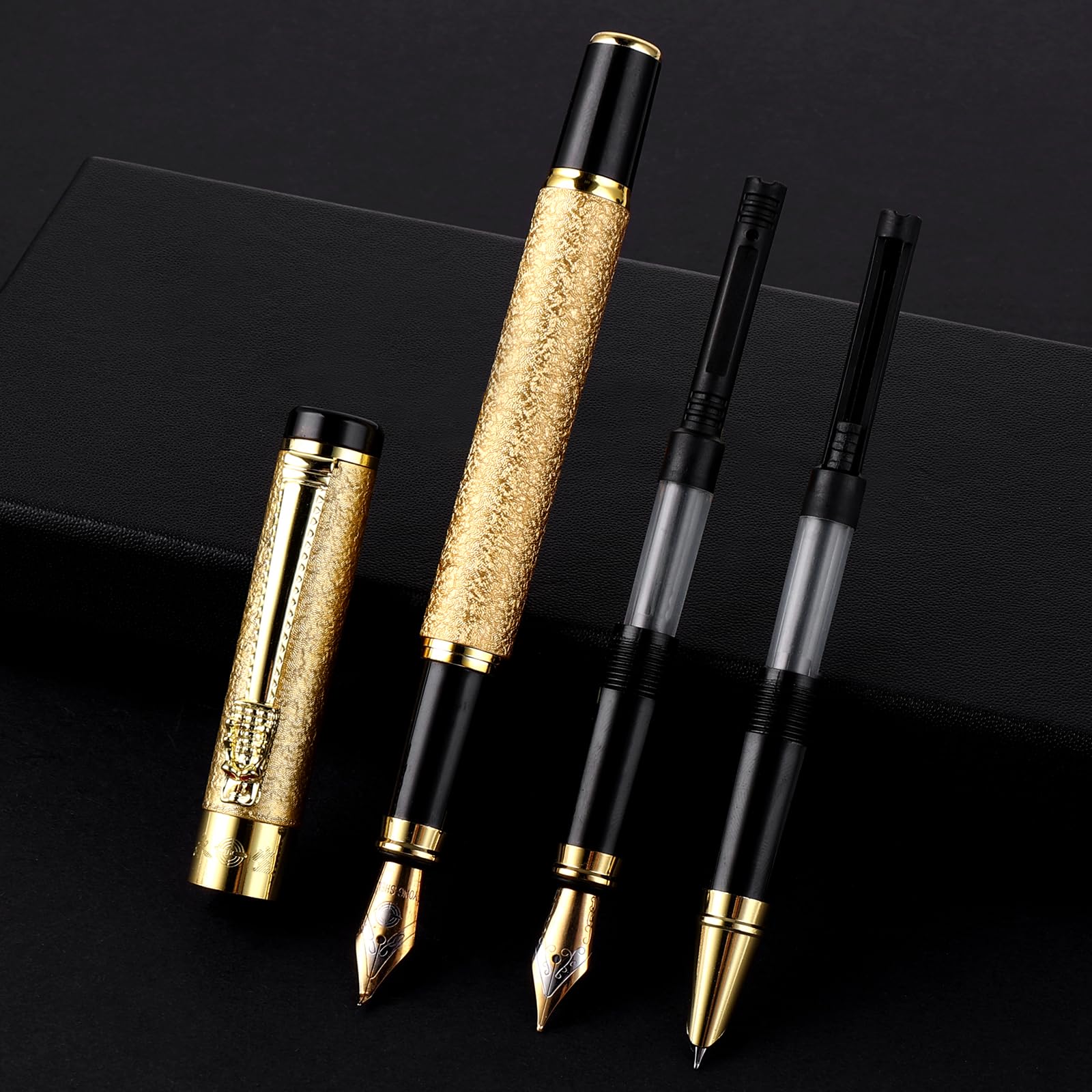 Cobee Metal Fountain Pen with 3 Different Nibs Set, Luxury Fountain Pen Includes Medium, Extra Fine Point, Bent Nib Calligraphy Writing Pen Frosted Finish Business Pen for Men Women(Gold)