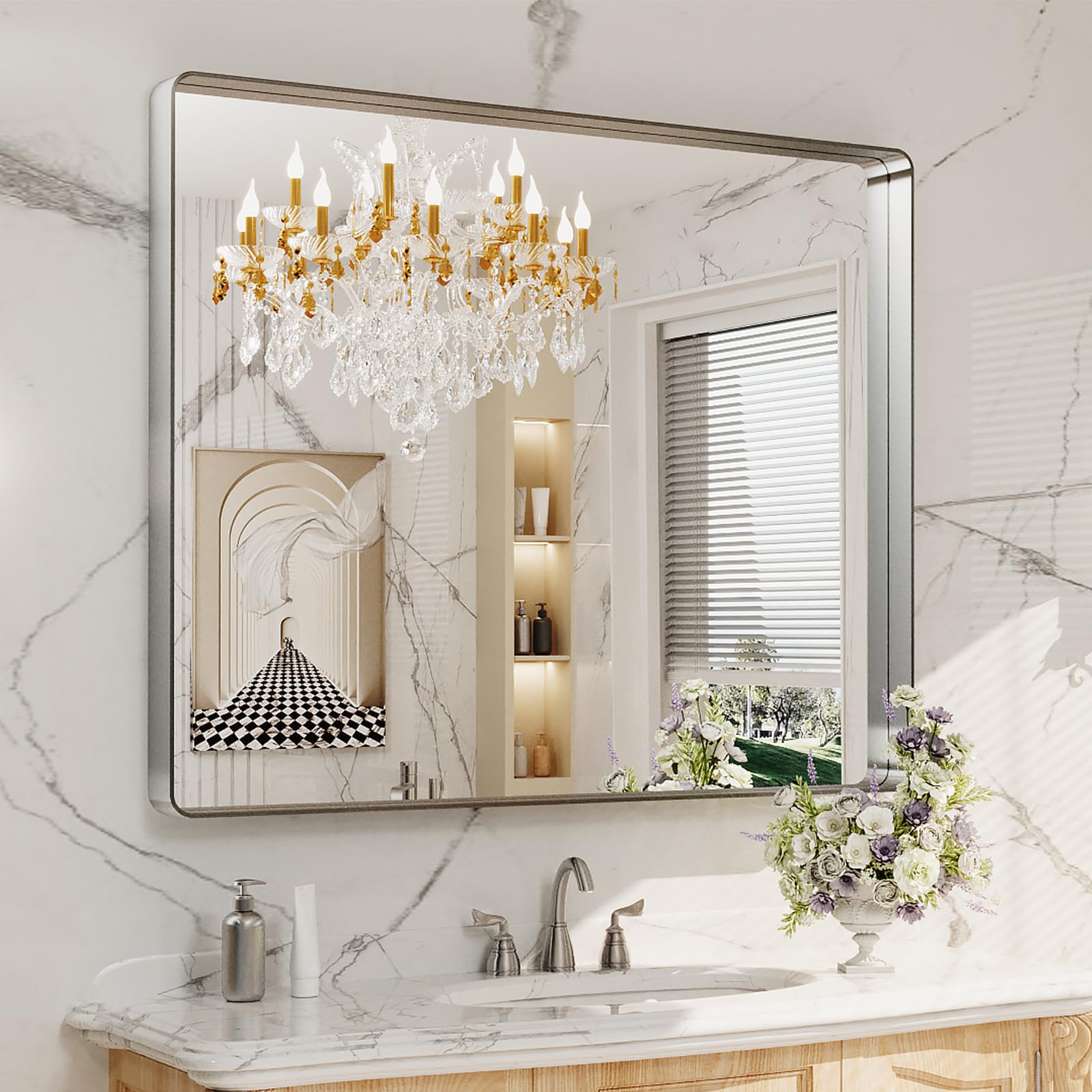 Photo 1 of ** NEW**LOAAO 40X36 Inch Brushed Nickel Bathroom Mirror, Rounded Rectangle Silver Metal Frame Mirror, Brushed Nickel, Anti-Rust, Shatter Proof, Hangs Horizontally or Vertically