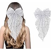Jewemia Glitter Hair Bows for Women Large French Sequin Hair Bows Clips Sparkly Hair Accessories Gifts for Women and Girls (Silver)