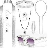 8 Pcs 70s Disco Accessories Women 1970s Disco Costume Sequin Scarf Headband Diamond Bracelet Ball Necklace Earring Glasses for Halloween Women Costumes