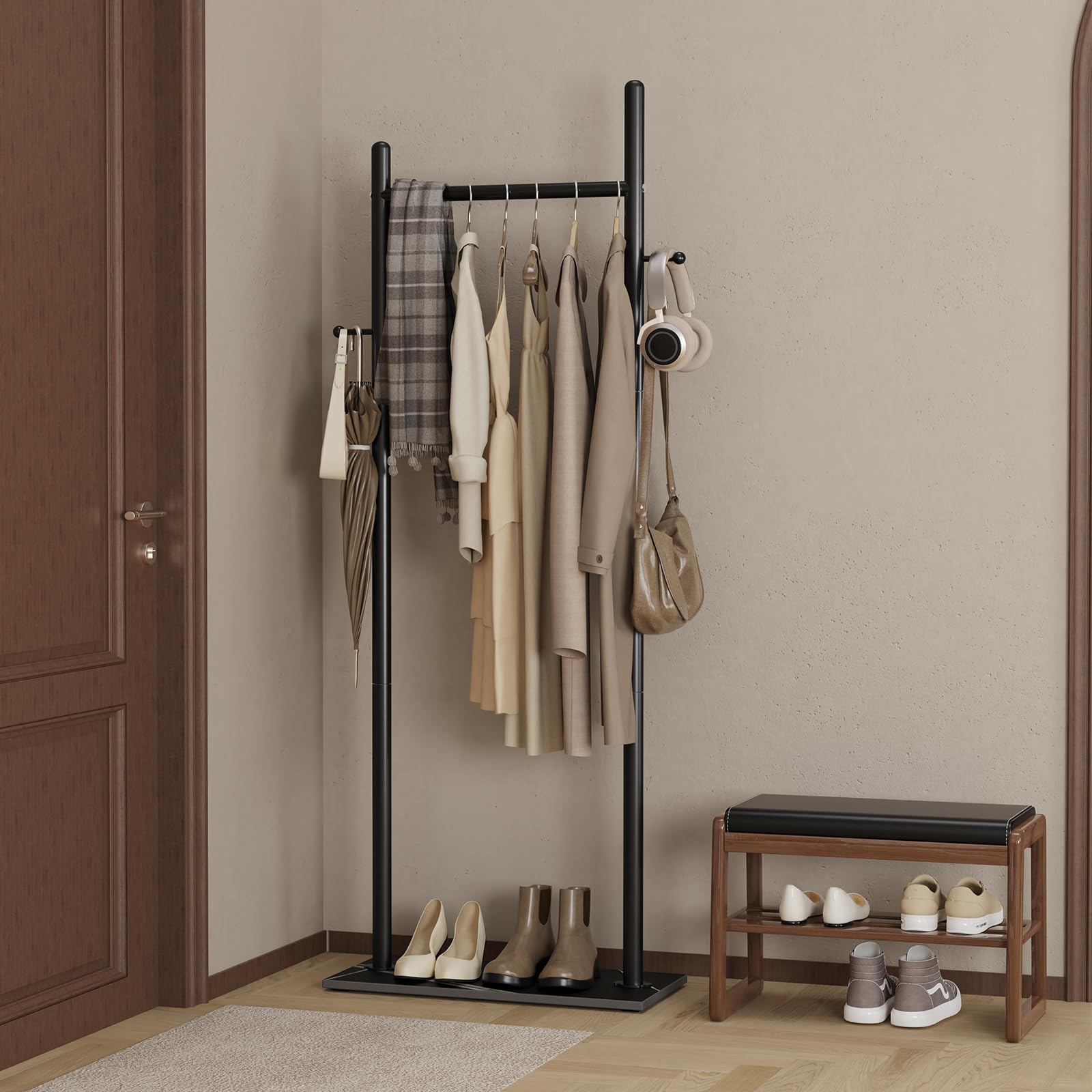 OUTBROS Kleiderständer mit Rock Slab Base, Stehende Kleiderstange aufbewahrung für den Innenbereich-Garderobenständer mit 2 Haken-50cm Breiter, Strapazierfähiger Coat Rack aus Metall (Schwarz) 2