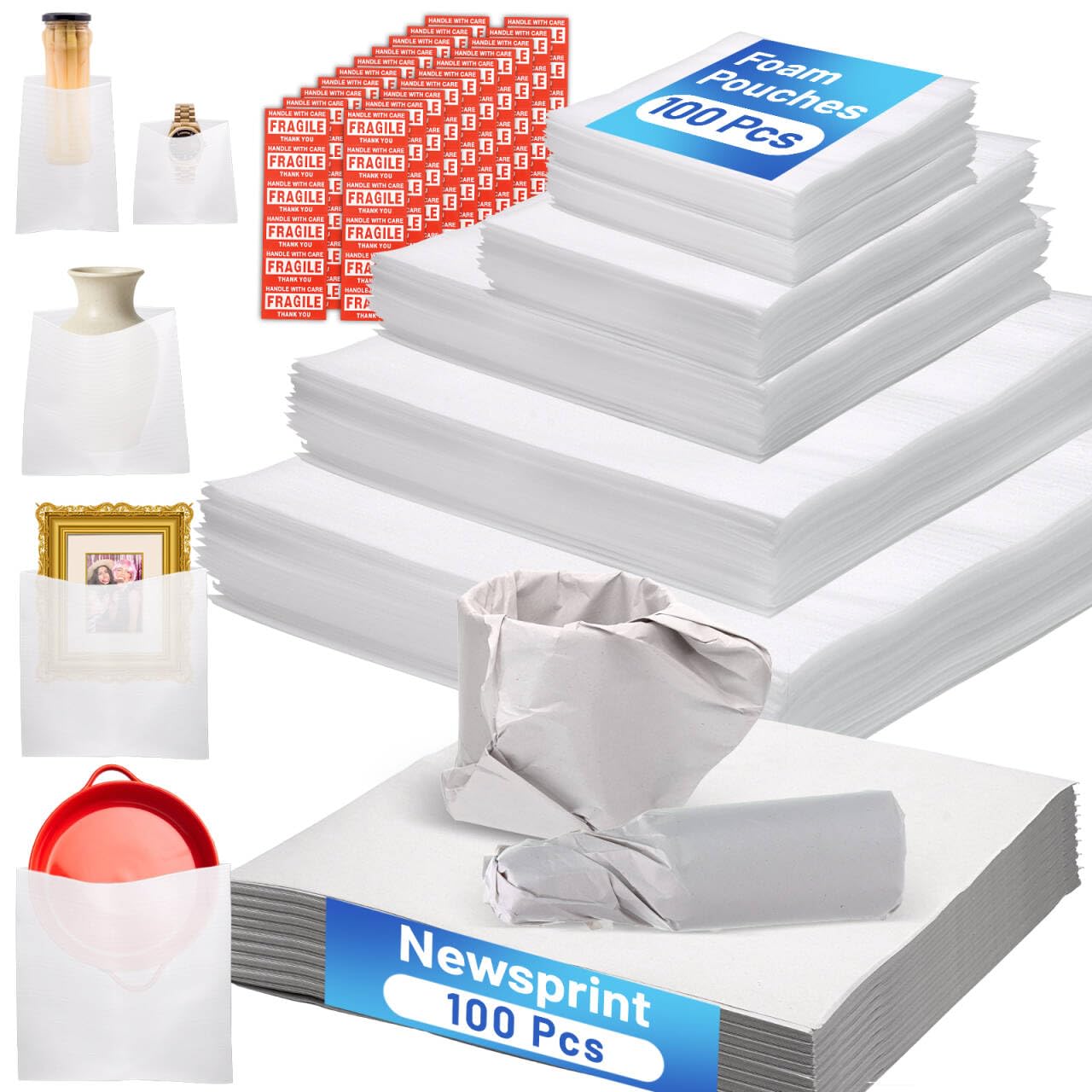 Photo 1 of 320 Pcs Foam Pouches & Packing Paper for Moving Supplies, 5 Sizes Packing Foam Pouches, Newsprint Paper with Fragile Stickers for Protecting Dishes Cup China (16X16", 14X14",12X12", 7.8X12", 7.8X7.8")
