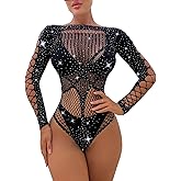 Milumia Women's Fishnet Rhinestone Bodysuit Top Cut Out Sexy Mesh Teddy Bodysuit
