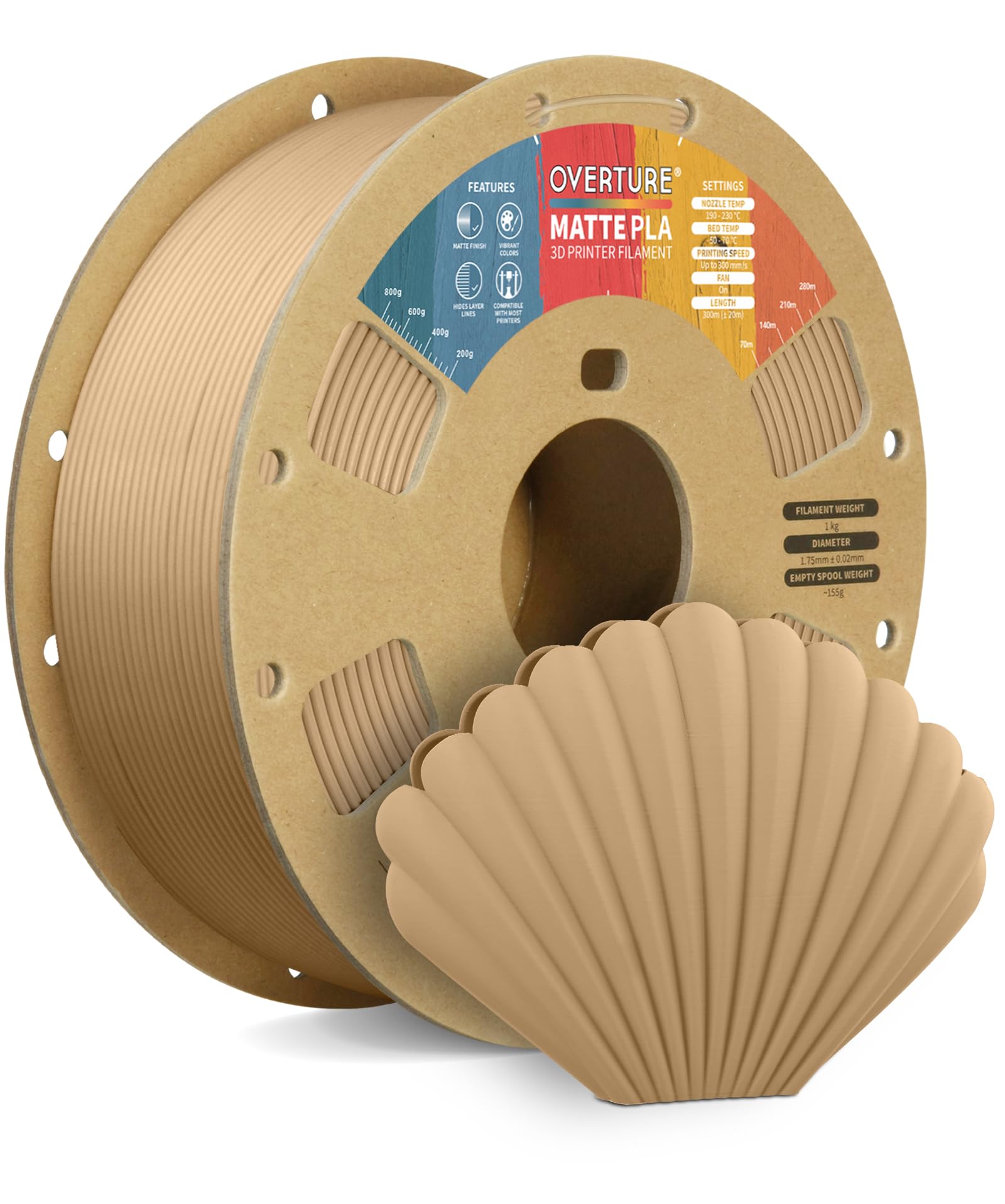 OVERTURE Matte PLA Filament Aufgerüstet 1.75 mm, 1kg (2.2 lbs) Spule, Maßgenauigkeit +/- 0.03mm Filament für 3D Drucker (1kg-03 Hellbraun)