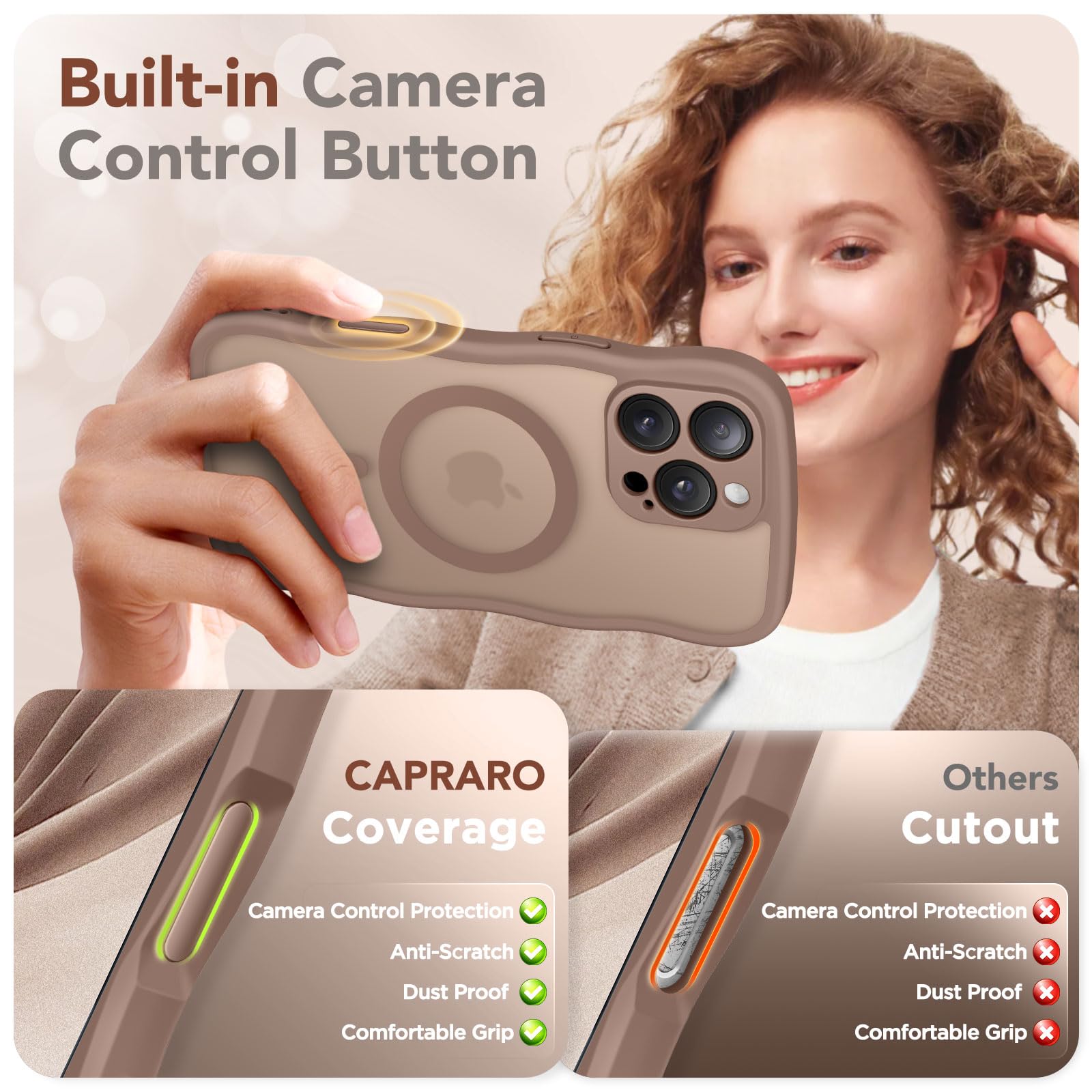 CAPRARO for iPhone 16 Pro Max Case for Women Girls, Upgraded [Full Camera Protection] [Compatible with MagSafe] Cute Wave Translucent Matte Phone Case for iPhone 16 Pro Max, Brown