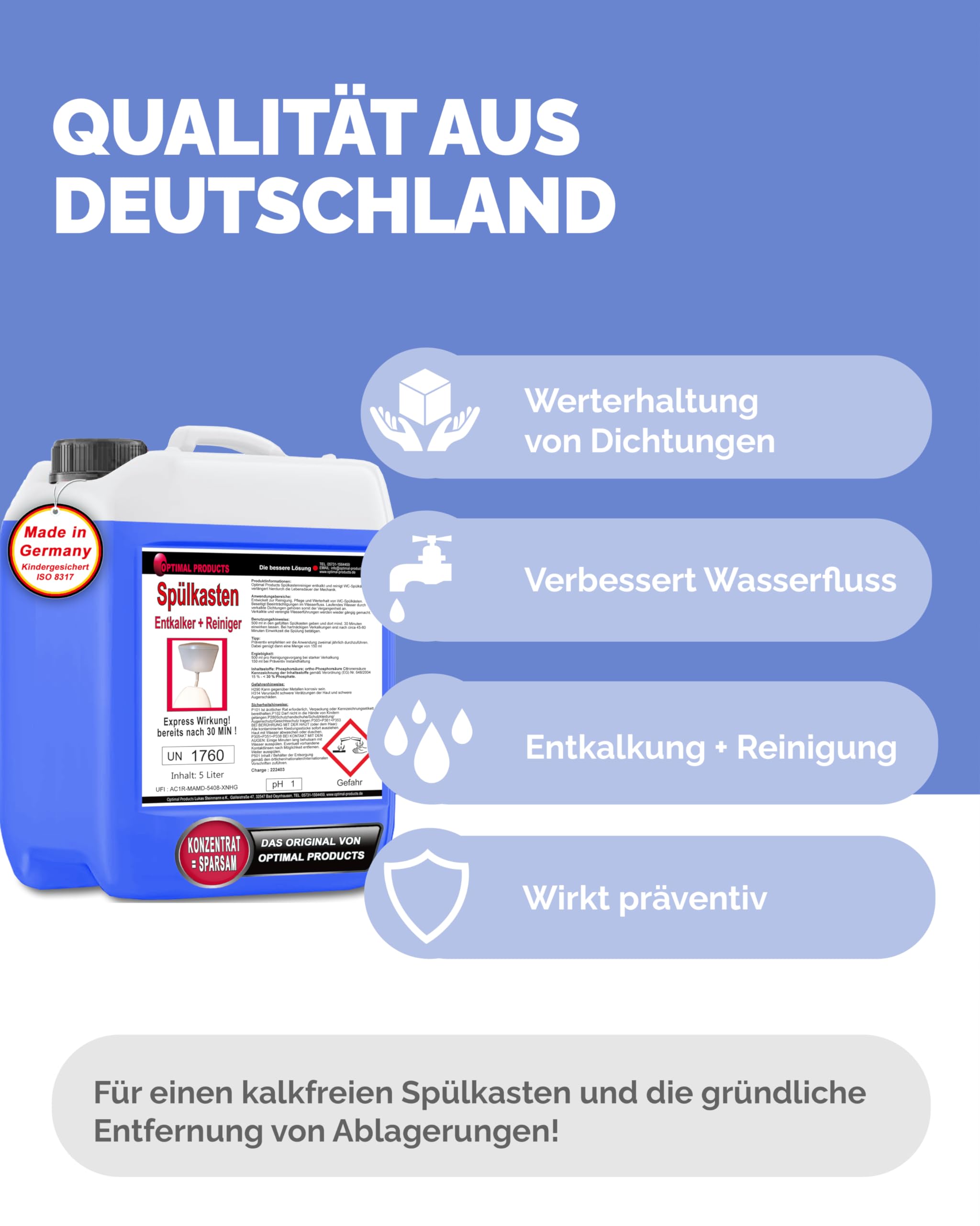 Optimal Products 5 Liter Spülkasten Entkalker mit Express-Wirkung nach 30 Minuten, 2 in 1 - Löst Kalk und reinigt den WC-Spülkasten 5