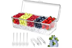 ALINGET Large Ice Chilled Condiment Caddy，Chilled Condiment Containers Server with Lids for 5 Removable Compartments ，Serving Platters, Fruit & Garnish Tray for Party Supplies & Bar Accessories