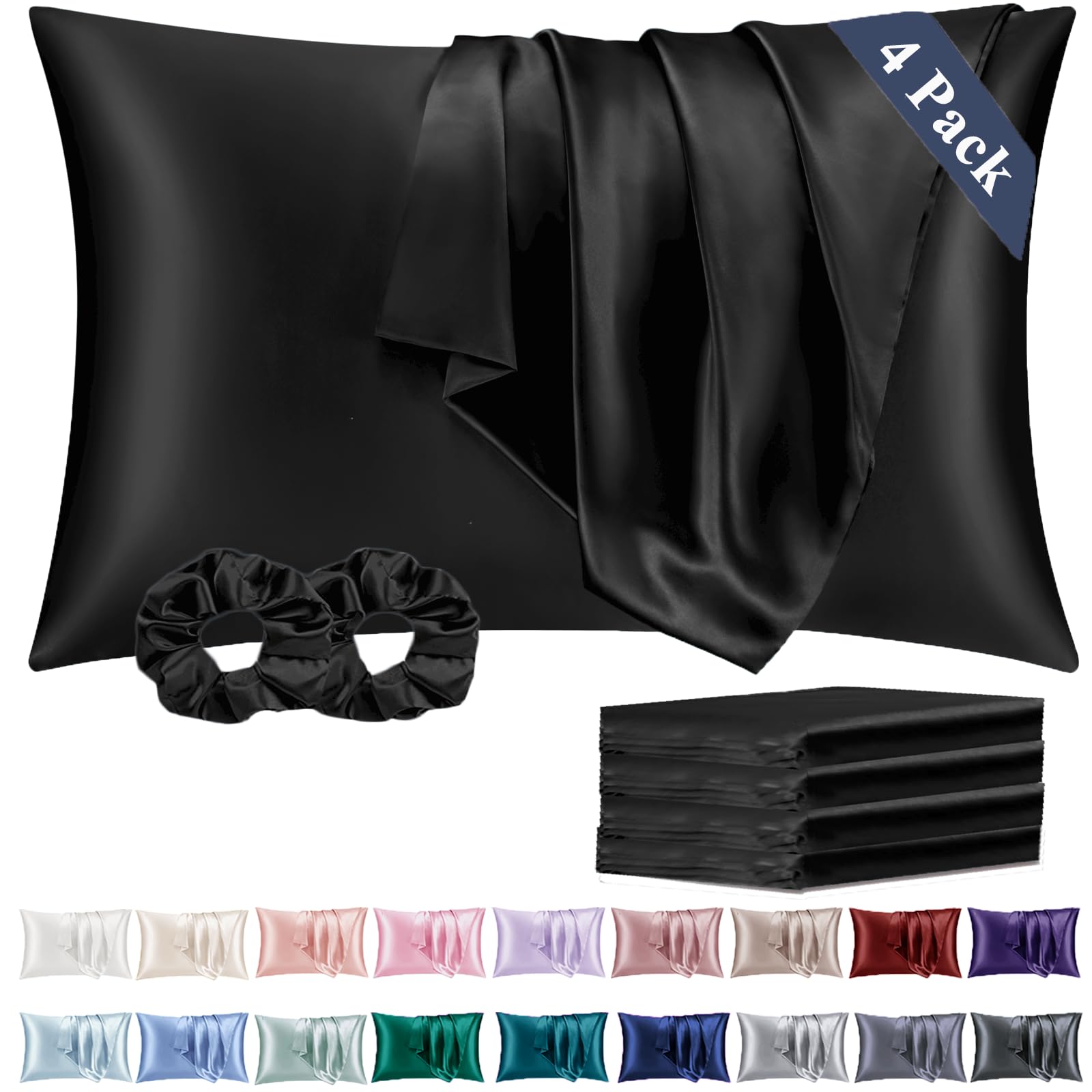 Vielit Satin Pillowcase for Hair and Skin Cooling,Soft as Silk Pillowcase for Hair and Skin,Easier Care than Silk Pillow Cases 4 Pack Black 50x75cm Gifts for Women Envelope & 2 Scrunchies
