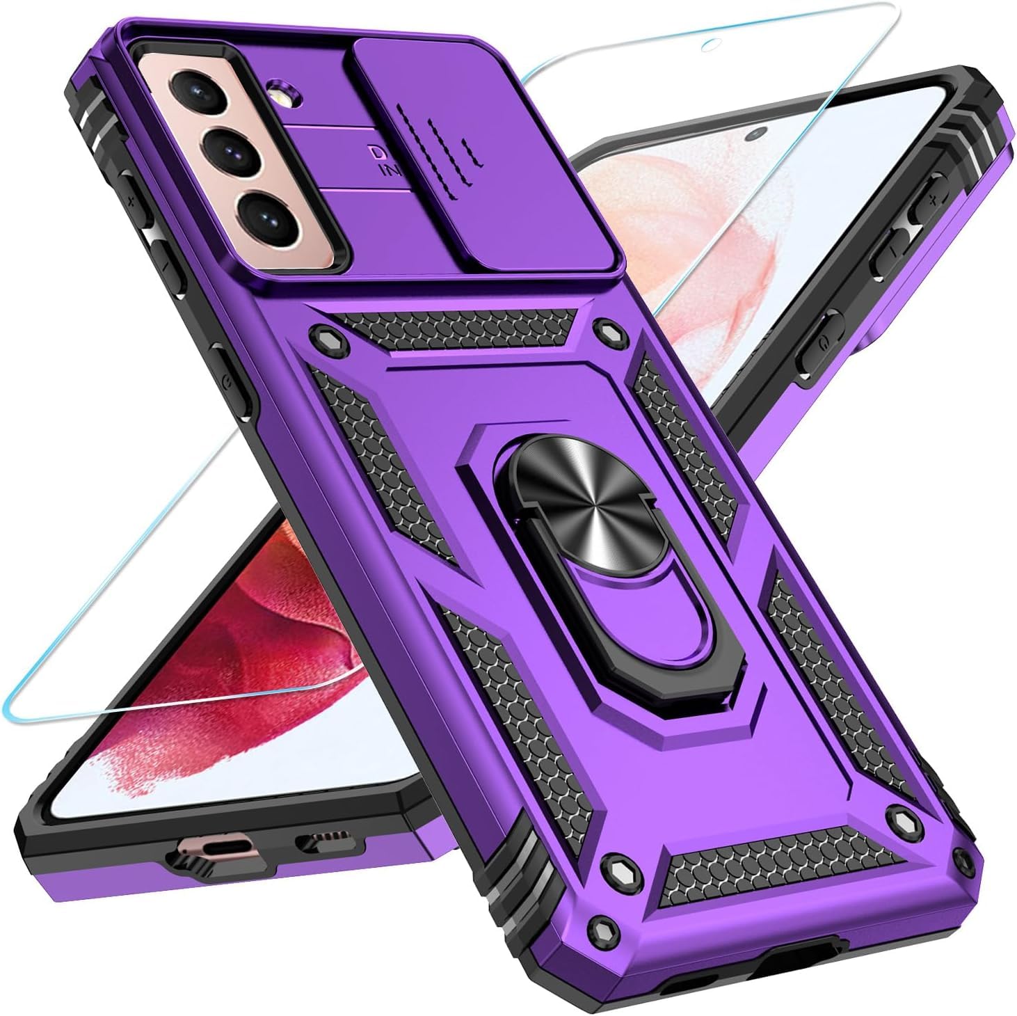Photo 1 of SunStory Phone Case for Samsung Galaxy S21 Case with HD Screen Protector & Slide Camera Cover & Rotated Ring Kickstand, [Military-Grade] [2 in 1] Phone Case for Galaxy S21 6.2'',Purple