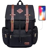 Modoker Eco-Friendly Mens Canvas Vintage Backpack for Men,Women, Travel Laptop Backpack Fits 17/15.6 Inch Computer & Tablet, Large Bookbag Rucksack Backpack with USB Charging Port, Black