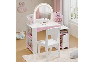 TOLEAD Kids Vanity with Lights, Kids Makeup Vanity with Bookshelf, Enclosed Cabinet and 3-tier Open Shelves, Little Girl Vanity Table Set with Lighted Mirror and Stools, Toddler Vanity for Girls (White)
