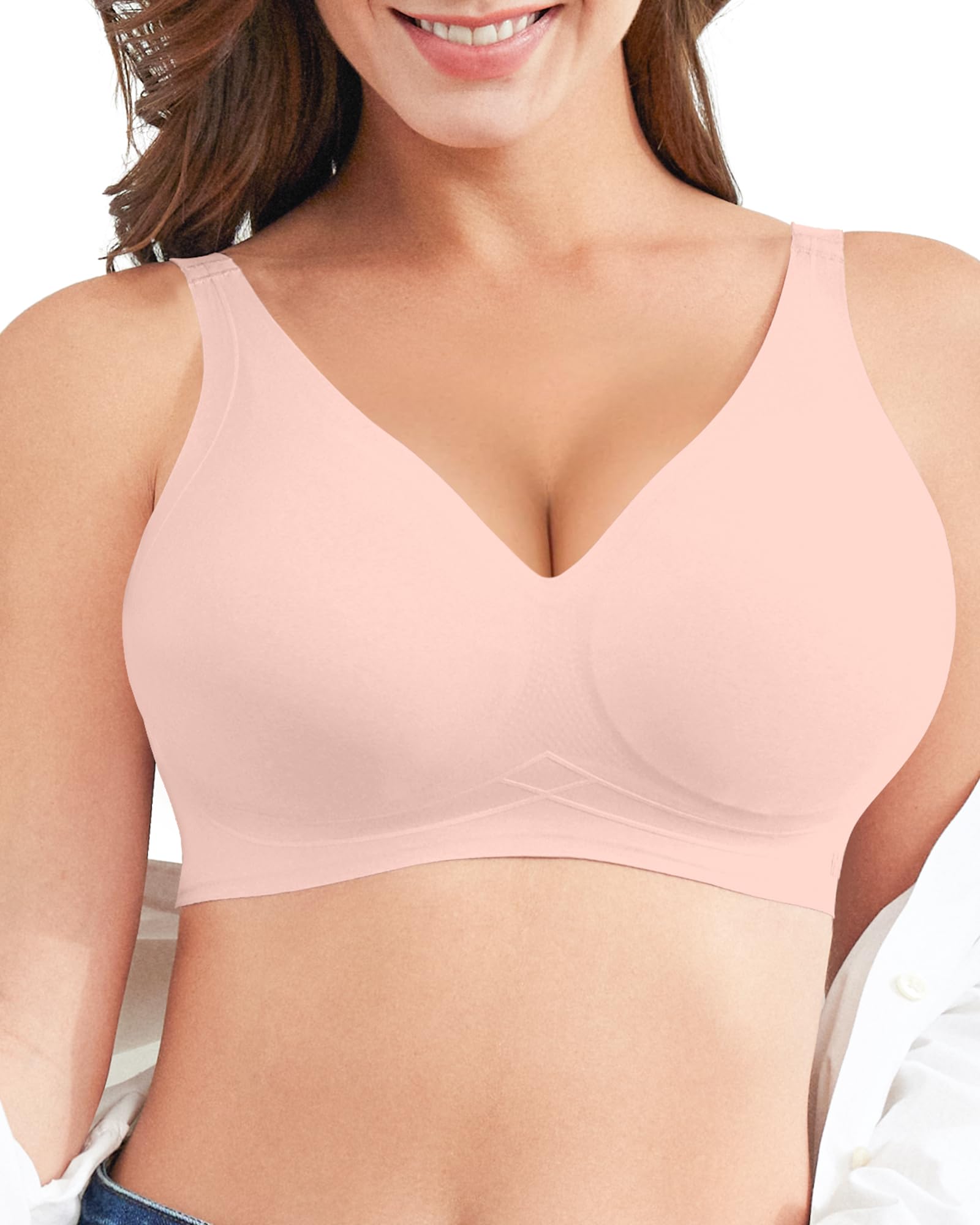 Photo 1 of *****Factory seal*****

Falorda Wireless Sports Bras for Women Comfortable Seamless Push Up Full Coverage Deep V Neck Adjustable Sleep Everyday Wear (L,Pink)