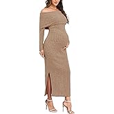 CYCLAMEN Off-Shoulder Maternity Sweater Dress Rib Knit Long Sleeve Dresses with Side Slit Pregnancy Clothes Baby Shower