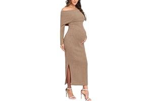 CYCLAMEN Off-Shoulder Maternity Sweater Dress Rib Knit Long Sleeve Dresses with Side Slit Pregnancy Clothes Baby Shower