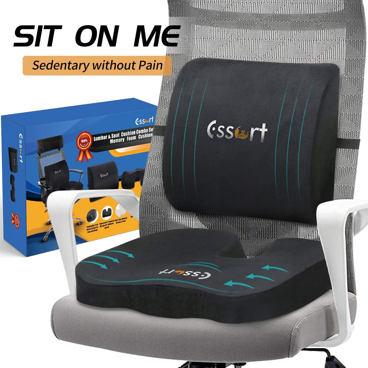 ESSORT Memory Foam Back and Seat Cushions Combo, Orthopedic Coccyx Chair and Lumbar Pillow, Boxed Pad and Back Support for Office Chair, Car, Wheelchair, Relieves Tailbone Pain, Sciatica & Back Pain: Office Products