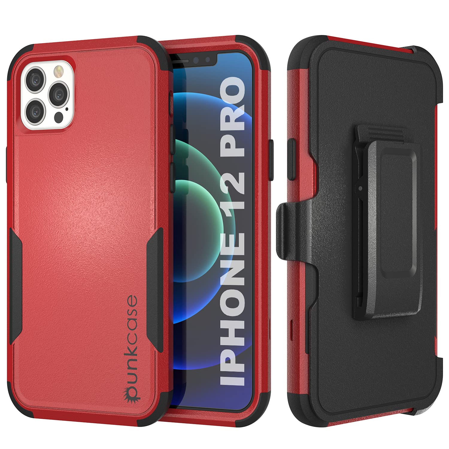 Punkcase for iPhone 12 Pro Belt Clip Holster Case [Patron Series] 4-1 Rugged & Protective Multilayer Phone Cover W/Integrated Kickstand for iPhone 12 Pro (6.1") (2020) [Red-Black]