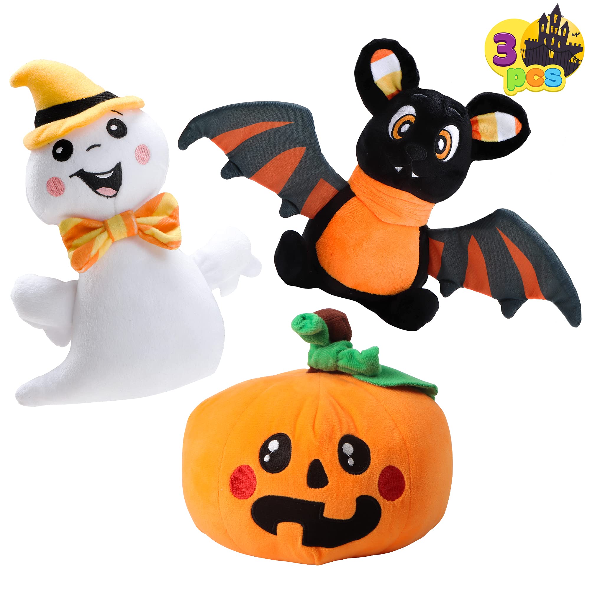 JOYIN Halloween Stuffed Plush Toys Set, 3 Pack Halloween Stuffed Plush Dolls(Ghost, Pumpkin & Bat), Best Gift Suitable for Party Favors, Exchange, Carnival Game Prizes
