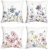 Joymaison Spring Summer Watercolor Blue Floral Throw Pillow Covers 18x18 Inch Set of 4 Purple Garden Flowers Farmhouse Cushion Covers Home Decor for Couch Cushion Cases