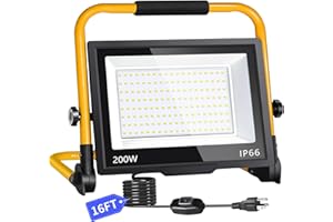 ISUERFY 200W LED Work Light, 24000LM Ultra Brighter Flood Light with 16ft Cord Switch, Portable Working Light with Stand, 5000K IP66 Waterproof Outdoor Construction Light for Job Site Camping Workshop Garage