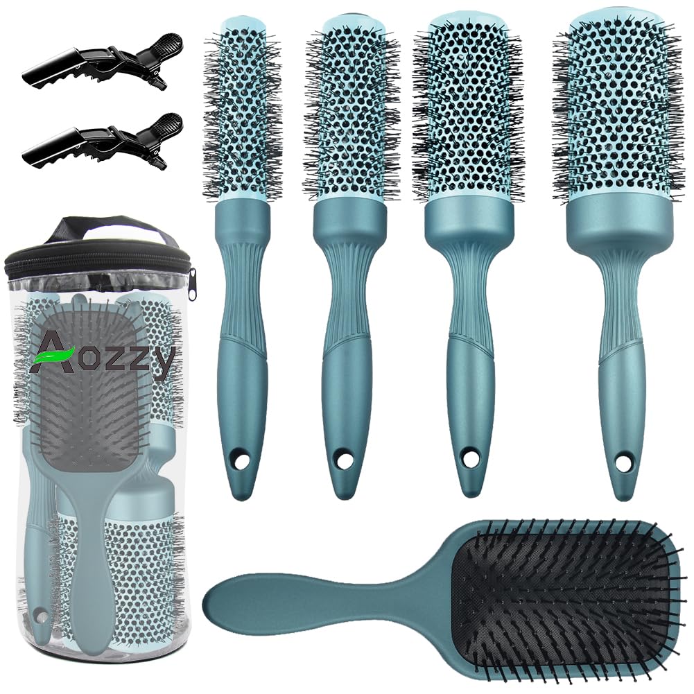 Aozzy 5pcs Hair Drying Brush Round Set, Pottery Lonic Round Hair Brush Set for Blow Drying, Curling, Professional Salon Styling Brush Set, Barrel Hairdressing Brushes Sets (Blue)