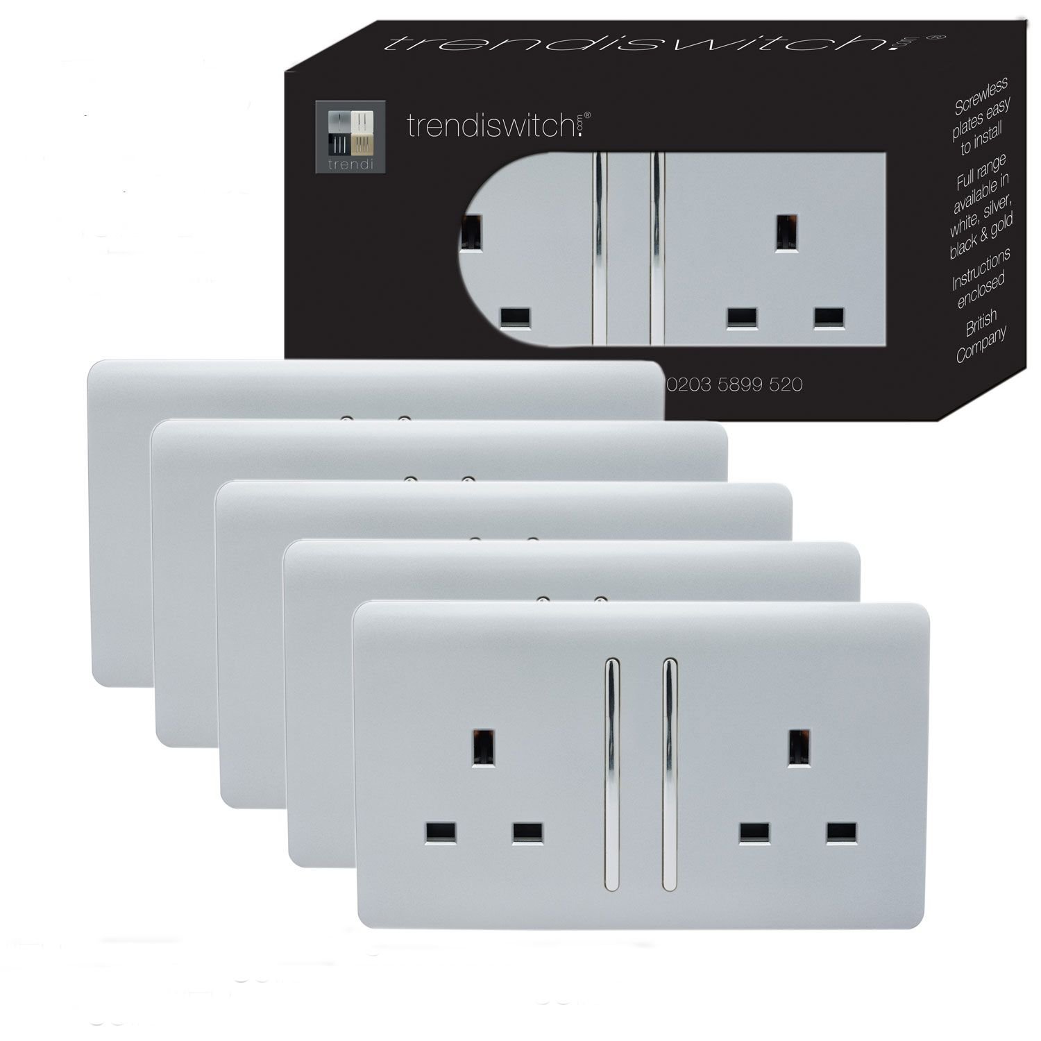 Trendi Switch 13 amp double Artistic Modern Glossy Switched Tactile Power Plug Socket - Silver x5 Pack ART-SKT213LSIX5