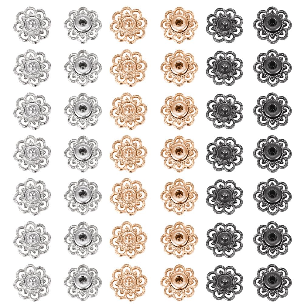 NBEADS 24 Sets Brass Flower Snap Buttons, 20.5mm 3 Colors Vintage Metal Snap Closures Sew On Press Snap Button Fasteners for Jacket Jeans Leather Craft