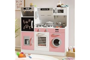 BIERUM Play Kitchen with Realistic Lights & Sounds, Wooden Kitchen Playset with 28 Pcs Toy Food & Cookware Accessories, Toy Kitchen with Plenty of Play Features, Idea Gift for Boys and Girls Ages 3+