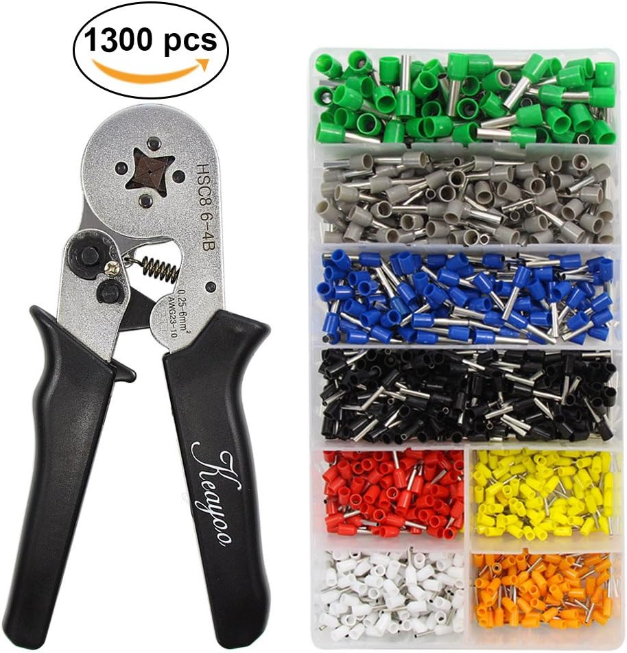 Crimping Plier Set,1300Pcs Wire Terminal Crimp Connector Ferrule Cord Pin End with 0.25-6mm² Self-Adjustable Ratchet Wire Crimping Tools