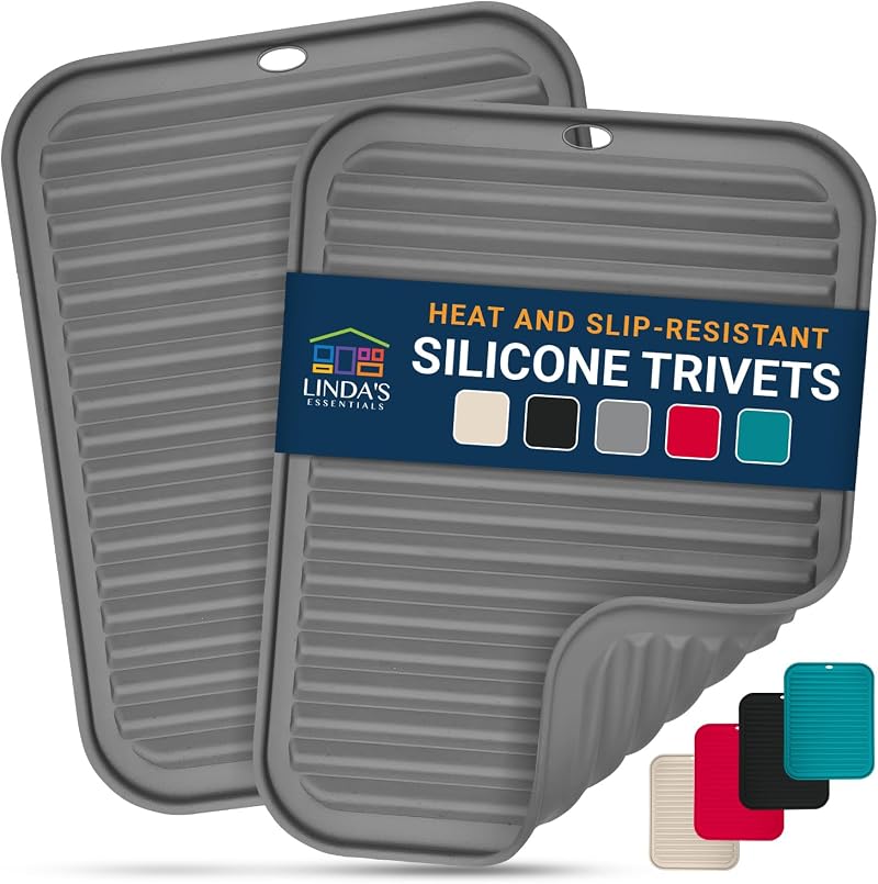 Linda's Essentials Silicone Trivets 2 Pack 30x23cm Heat Resistant Mats Gray