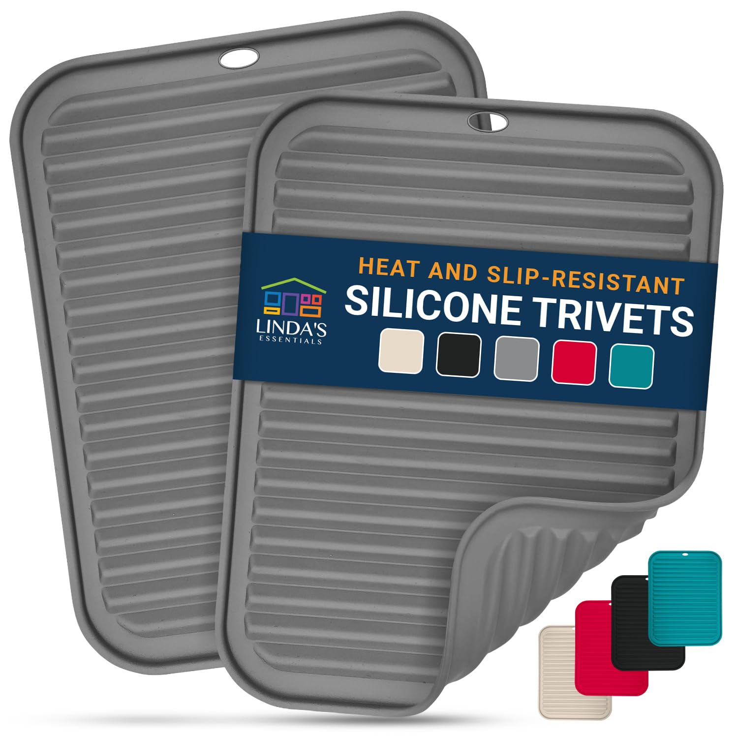 Linda's Essentials Silicone Trivets for Hot Pans and Pots (2 Pack) - Multipurpose Silicone Heat Resistant Mat and Pot Holder Trivet (30 x 23cm) - Heatproof Mats for Kitchen (Grey)