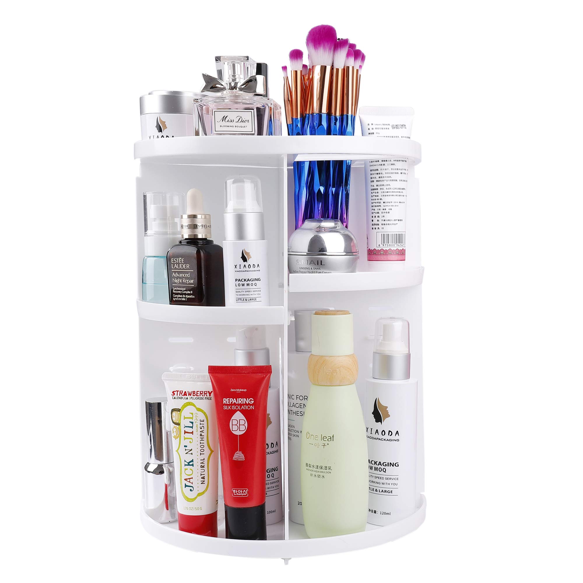 MaoXinTek Makeup Organiser, Cosmetic Storage Display Case 360 Degree Rotating Adjustable Spinning Holder Rack Large Capacity Fits Jewelry,Makeup Brushes, Lipsticks on Vanity, Countertop, White