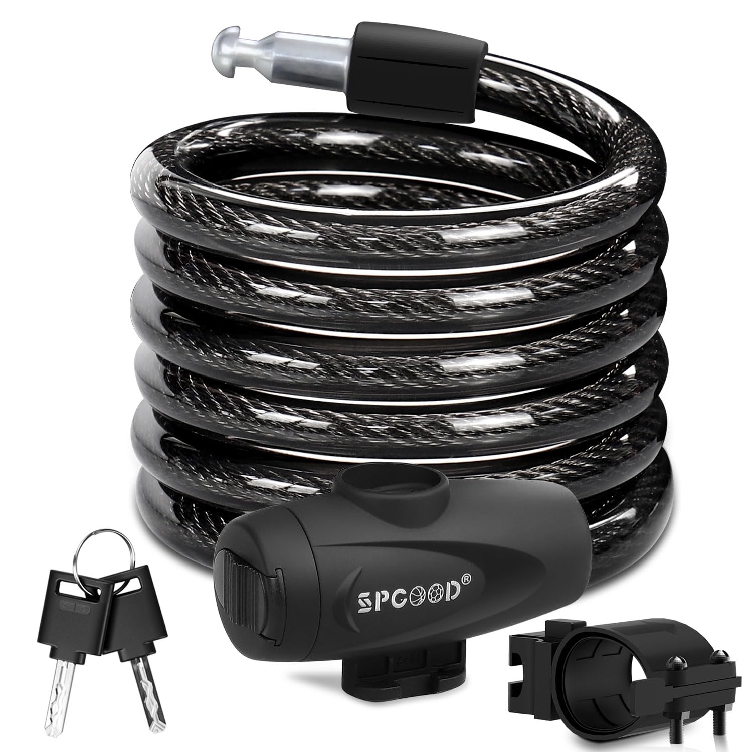 SPGOOD Bike Lock 1200mm/12mm with 2 Keys,Bicycle Lock with Mounting Bracket,Steel Cycling Cable Lock High Security,Lightweight Coiling Cable Lock for Bike,Scooter,Skateboard,Gate,Door (A-Black)