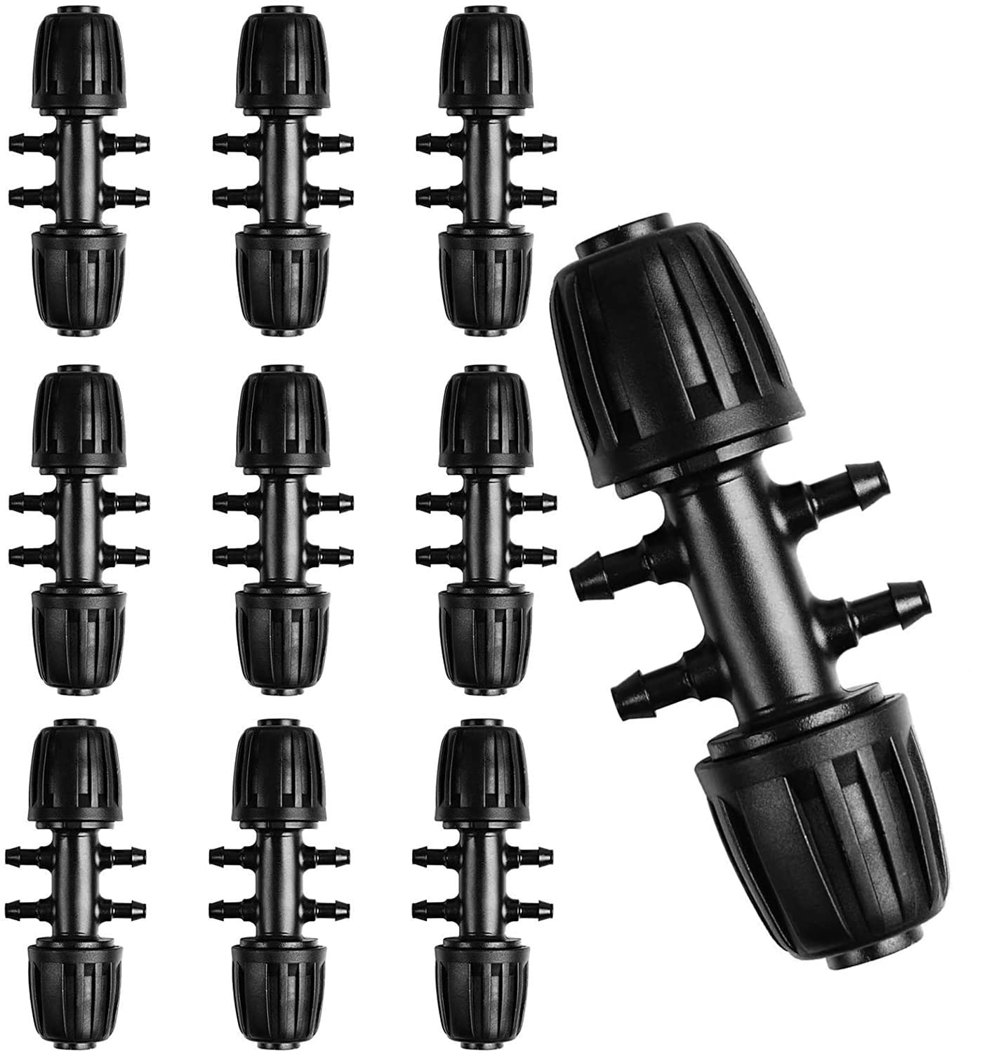 WANGCL 10PCS Barbed Tee Connectors Drip Irrigation 1/2 inch to 1/4 inch Irrigation Tube Anti-Drop Premiun Fitting for Patio Lawn Farm and Garden (Black)