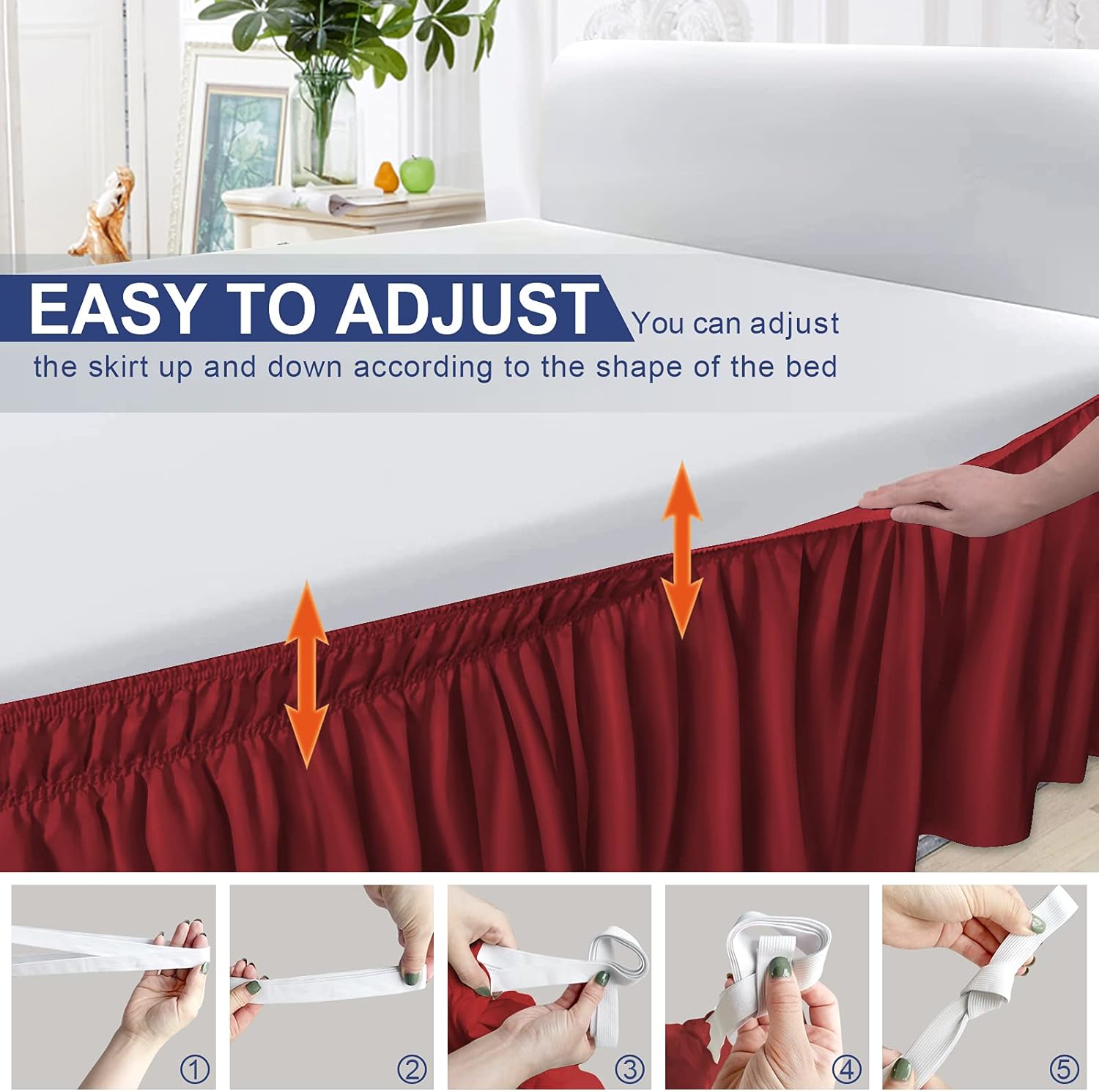BIGTONE Bed Skirt Wrap Around Elastic Dust Ruffles Solid Color Wrinkle and Fade Resistant with Adjustable Elastic Belt 15 Inch Drop,Queen Size Bed,Burgundy: Kitchen & Dining