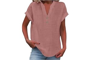 FLOLEO Linen Shirts for Women V Neck Button down Blouse Short Sleeve Office Work Tops Vintage Vacation Tees Shirt Blouse Tops
